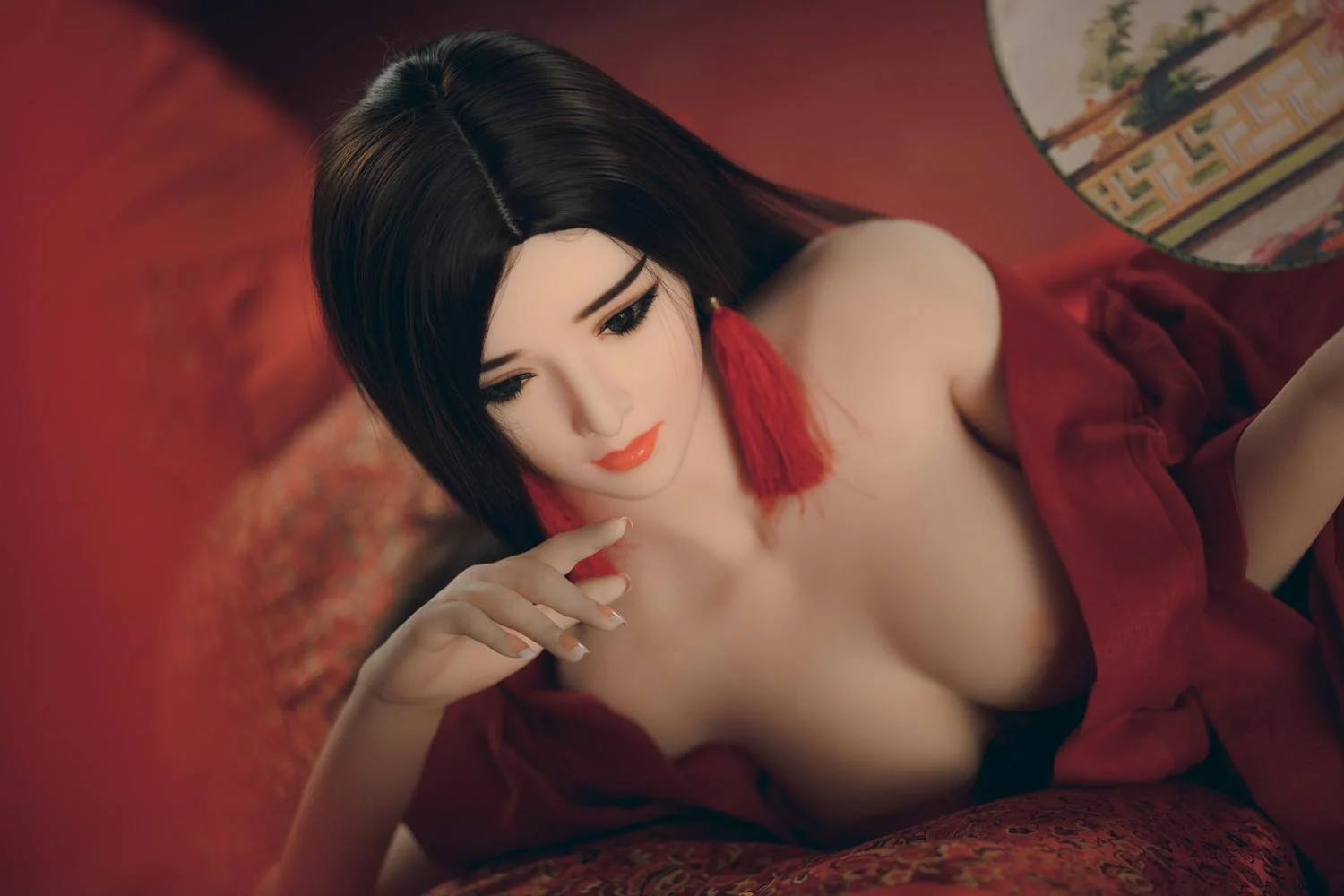 Sex doll pointing finger to herself