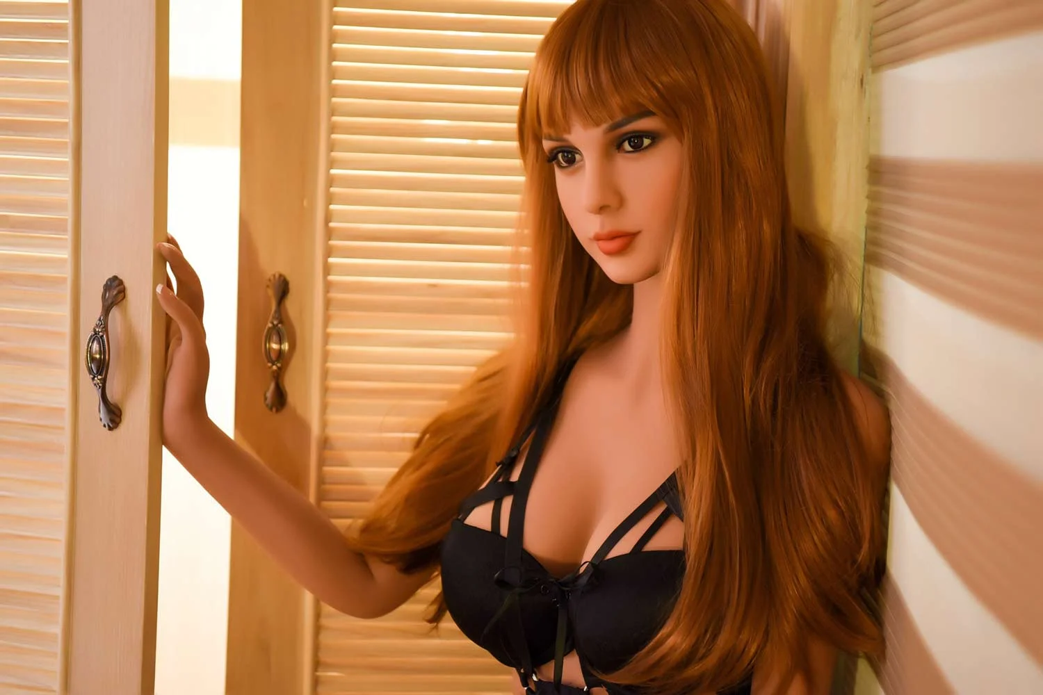 Sex doll with hand on wardrobe door