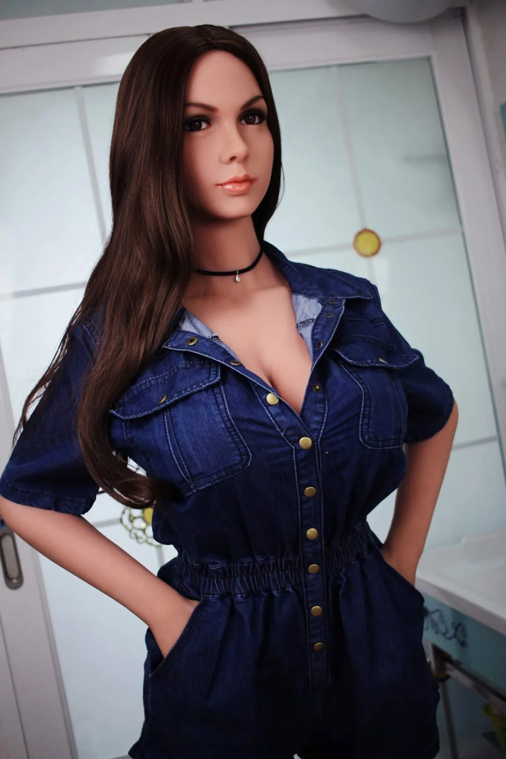 Sex doll with hands in trouser pockets