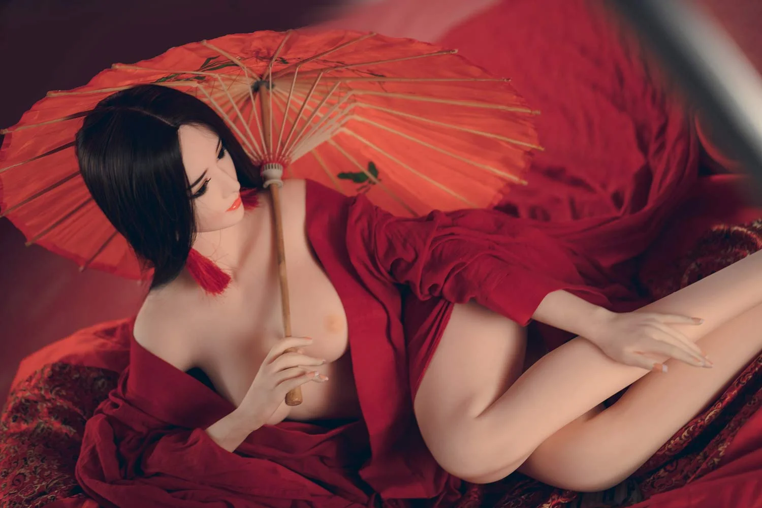 Sex doll with umbrella on shoulder