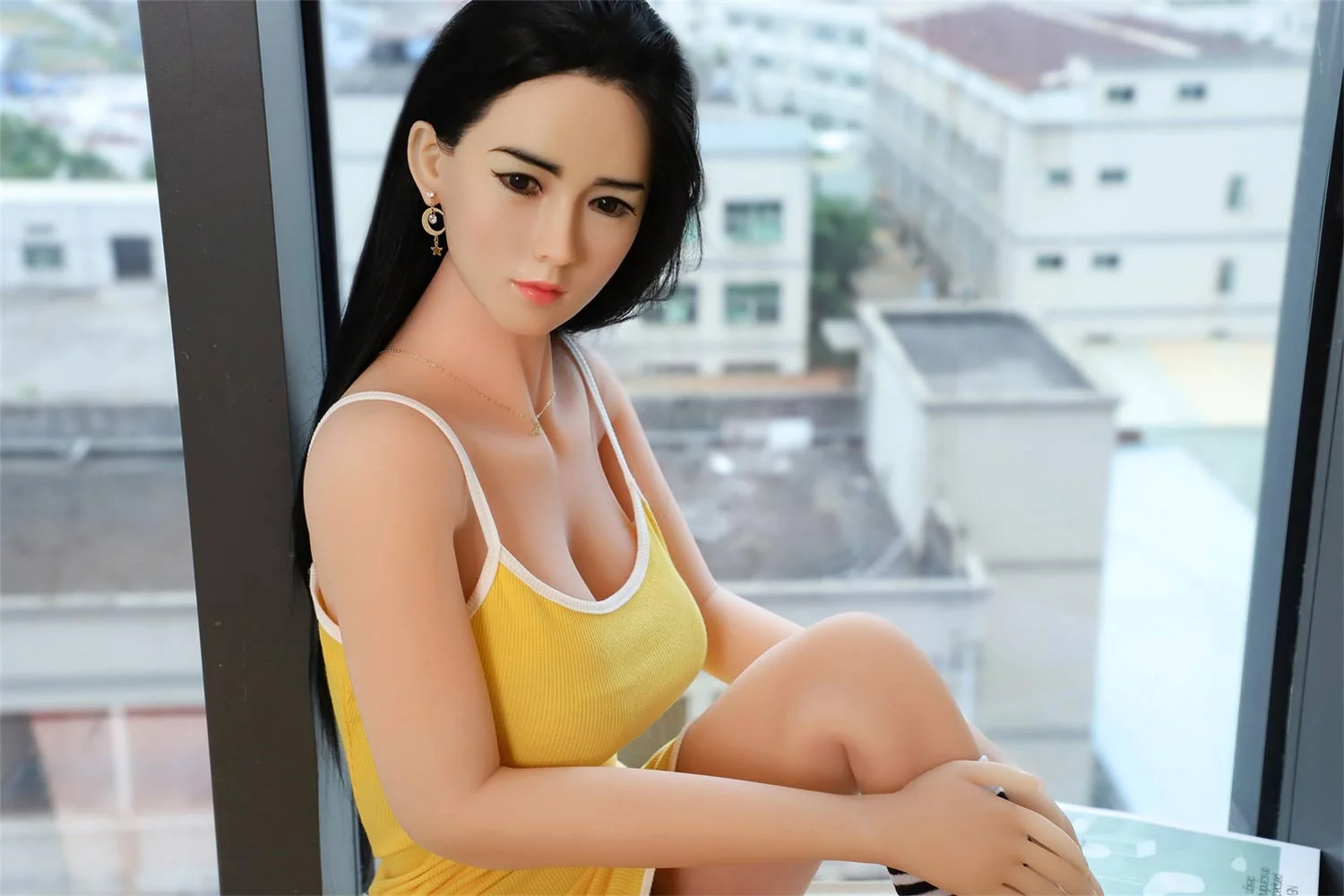 Black long hair silicone sex doll