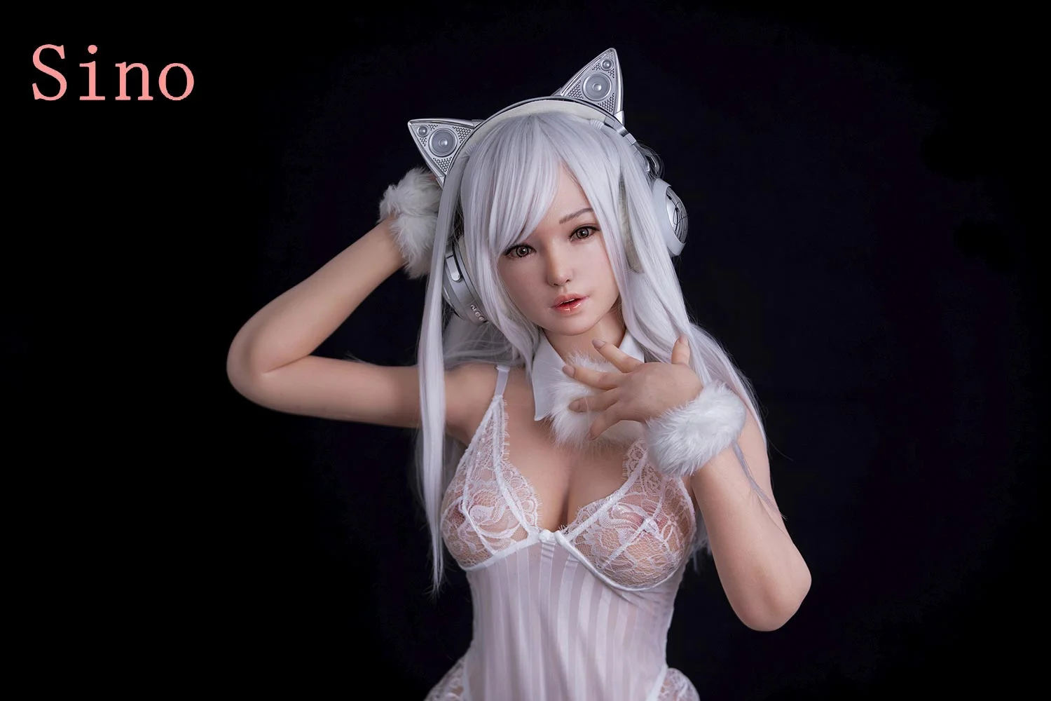 Silicone sex doll with hand in front of throat