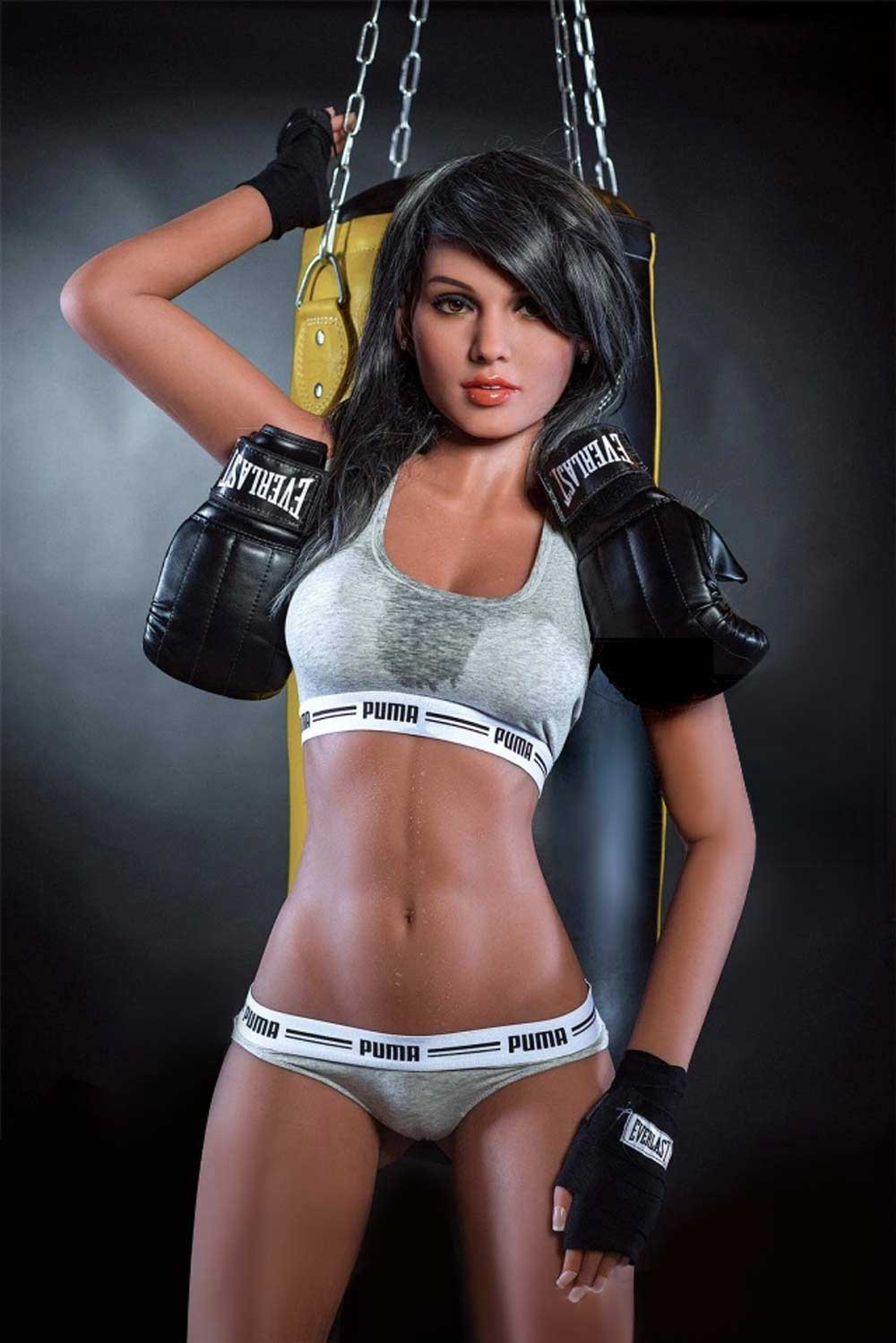 Sex doll with boxing gloves hanging around her neck