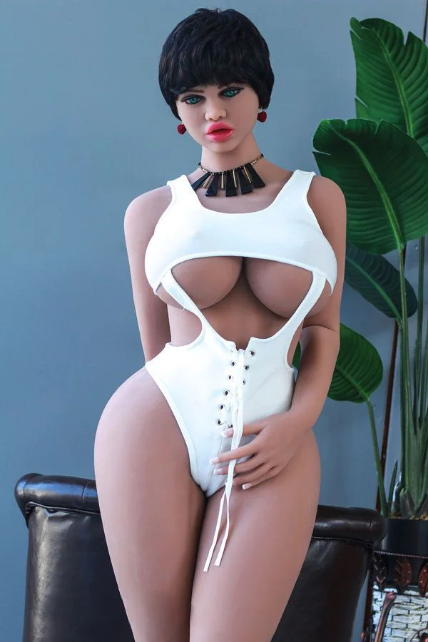 Shemale sex doll with hands touching clothes straps