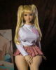 Anime sex doll sitting on a chair with hands between thighs