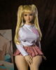 Anime sex doll sitting on a chair with hands between thighs