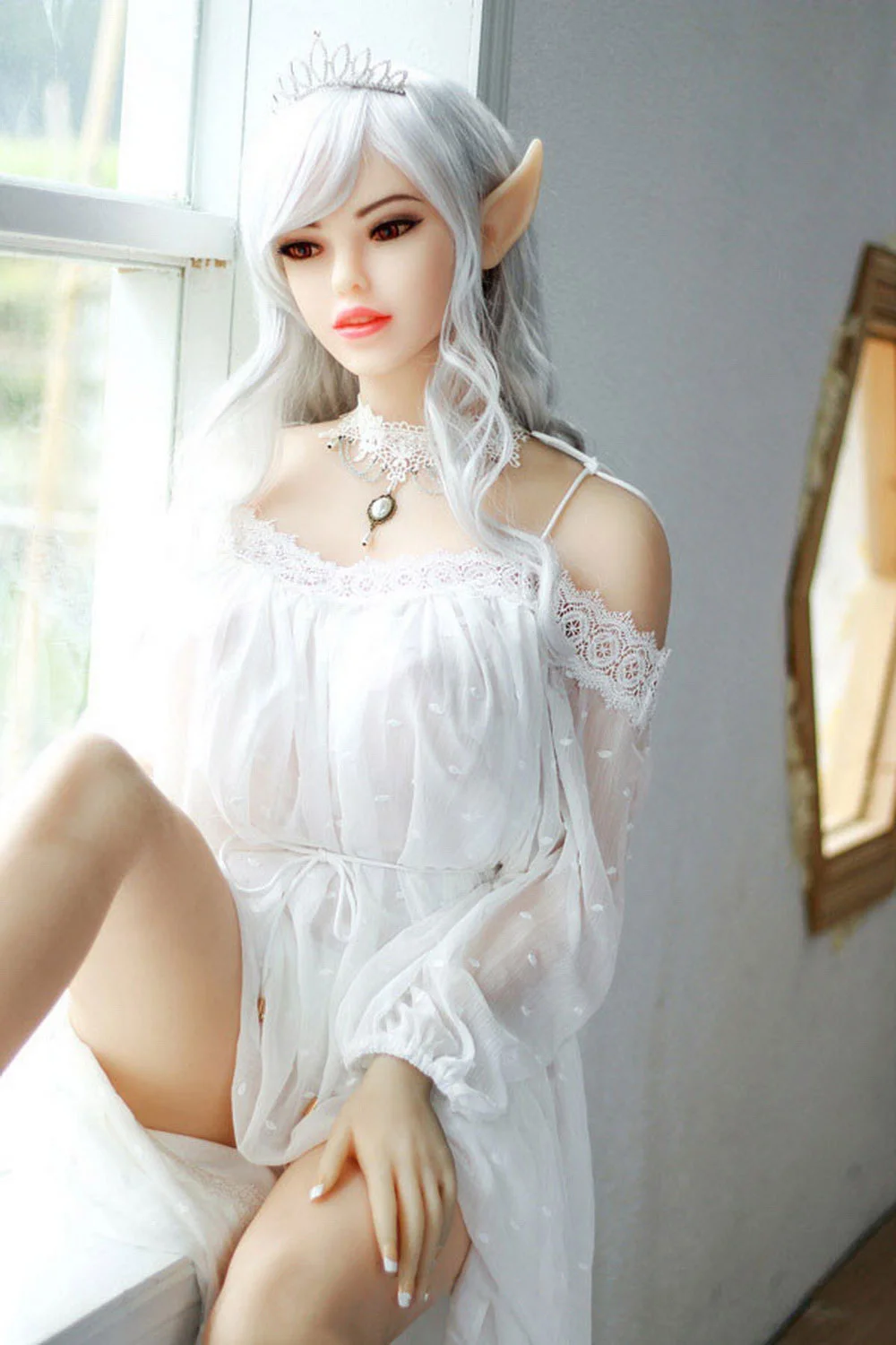 Anime sex doll sitting on the windowsill with hands on thighs