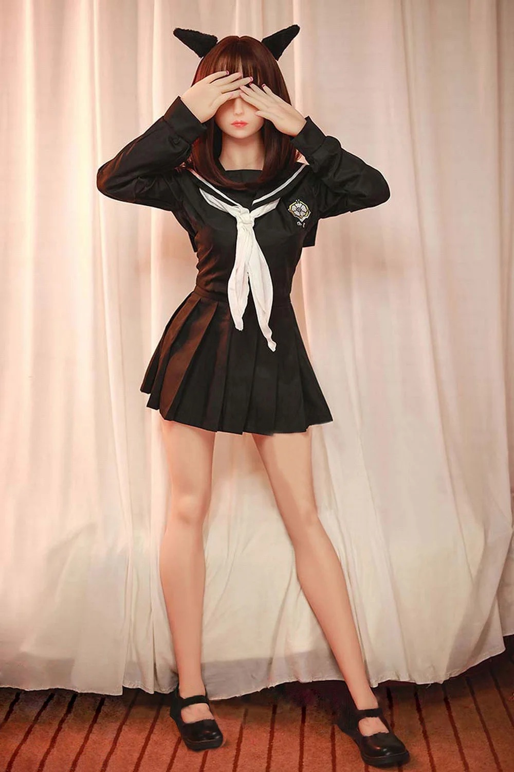 Anime sex doll with hands covering eyes
