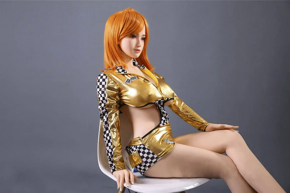 Anime sex doll with one hand on thigh and one hand on chair