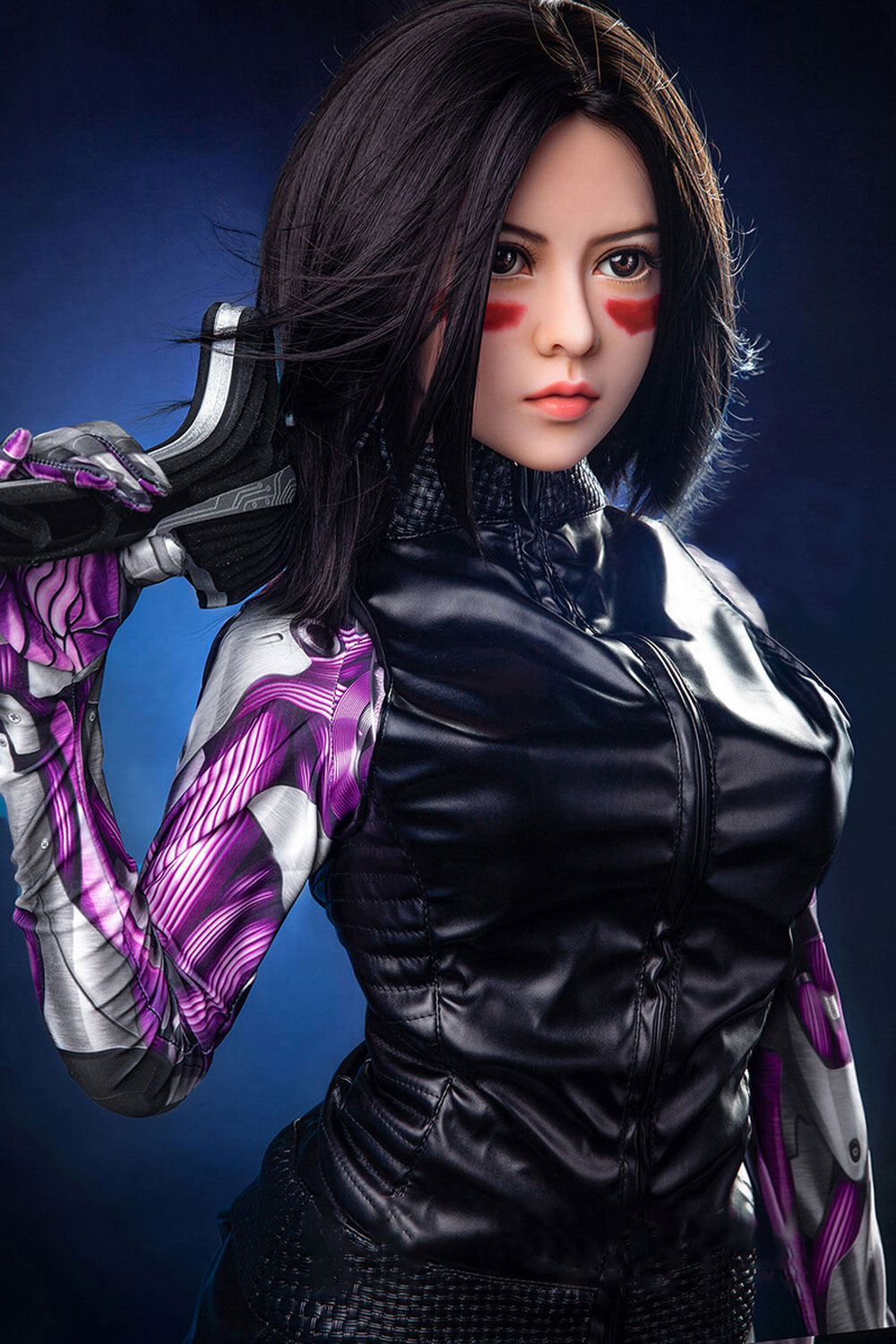 Anime sex doll with red camouflage on the face
