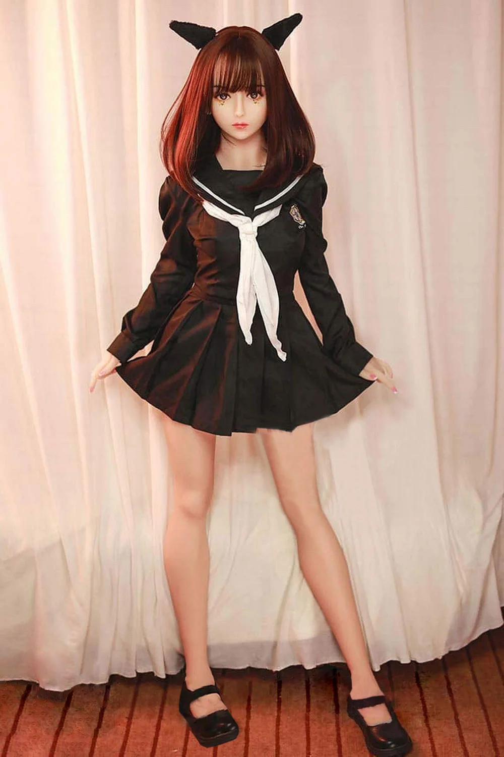 Anime sex doll with skirt horns in both hands